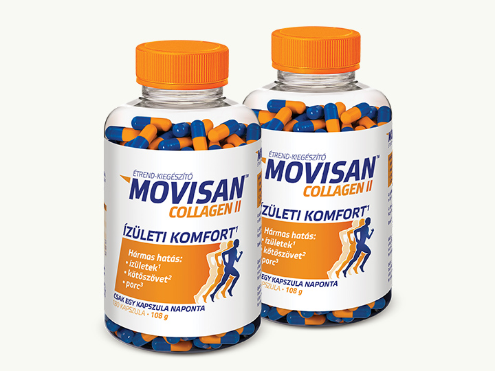 Natural Pharmaceuticals Movisan™ Collagen II Movisan™ Collagen II ízületi komfort étrend-kiegészítő kapszulák és ingyenes túrabotok a jobb mozgásért.
