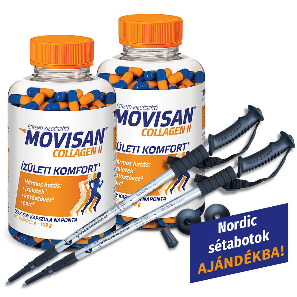 Natural Pharmaceuticals Movisan™ Collagen II Movisan™ Collagen II ízületi komfort étrend-kiegészítő kapszulák és ingyenes túrabotok a jobb mozgásért.