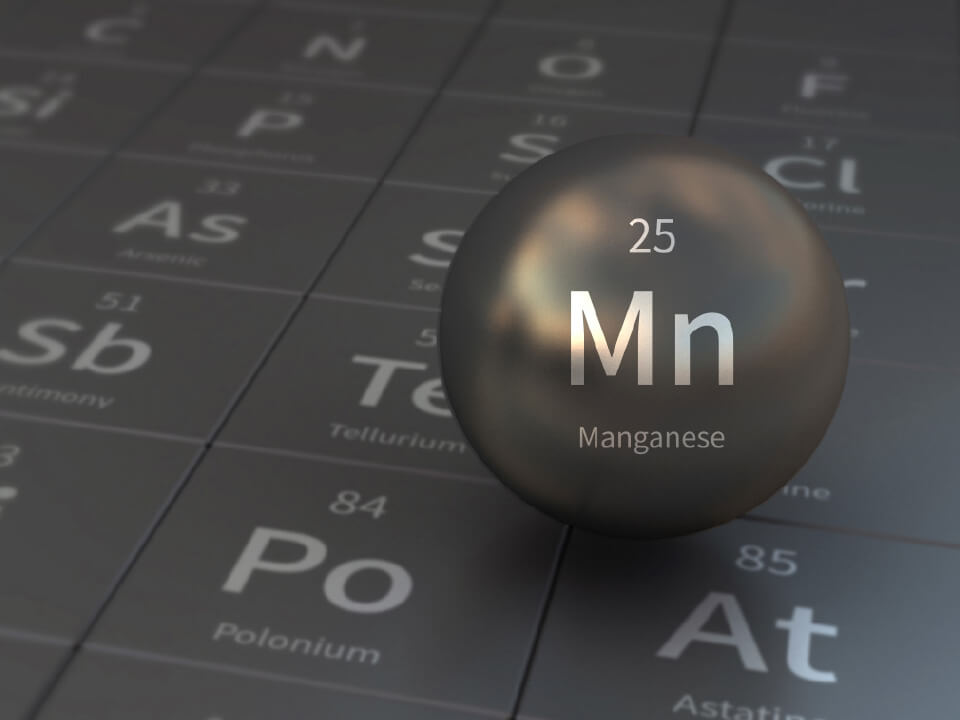 Natural Pharmaceuticals Movisan™ Collagen II A mangán (Mn) atomot ábrázoló gömb a periódusos rendszer sötét hátterén.