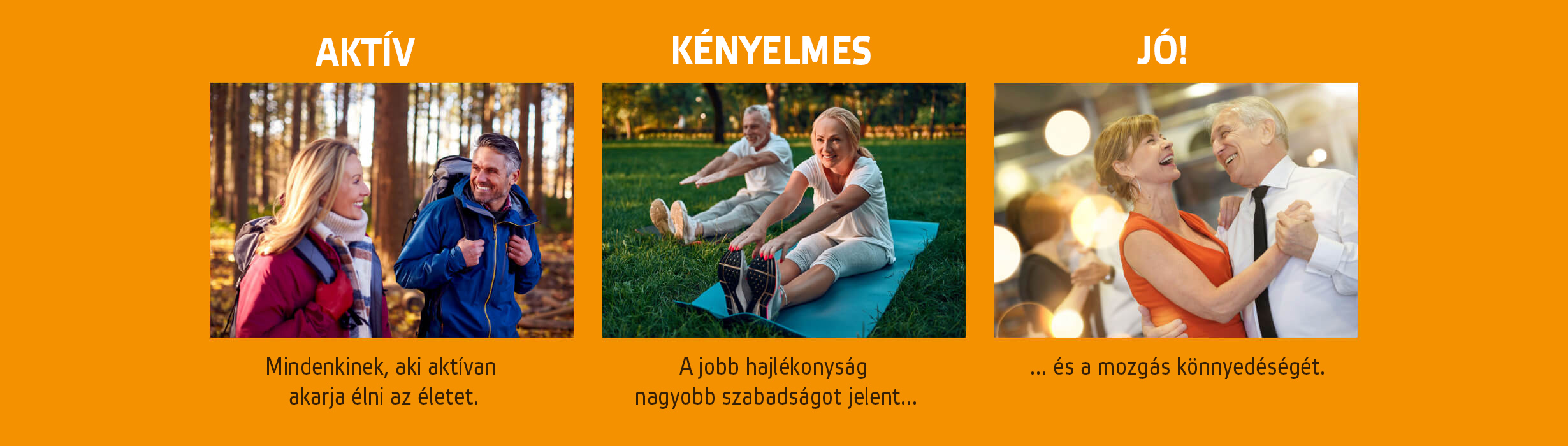 Natural Pharmaceuticals Movisan™ Collagen II Három fénykép aktív időseket ábrázol: egy pár sétál az erdőben, egy pár nyújtózkodik egy parkban, és egy táncoló pár egy partin. A képek alatt a szlogen: Mindenkinek, aki aktívan szeretne élni. A jobb rugalmasság nagyobb szabadságot jelent... és nagyobb kényelmet a mozgás során.